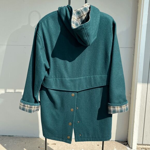 Vintage 80s Herman Kay Forest Green Plaid Hooded Wool Winter Coat, SZ 8 - Picture 6 of 10
